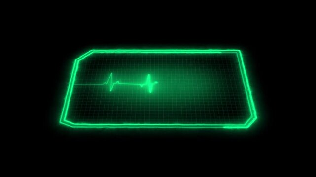 Green neon frame with heartbeat electrocardiogram line overlay. Medical data frame symbol for hospital healthcare check status. Digital neon frame animation for health monitor screen.