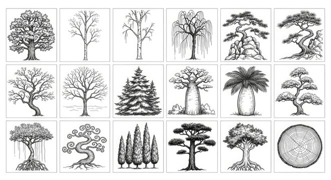 Collection of diverse tree sketches in black and white ink