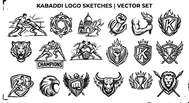 Dynamic Kabaddi Logo Sketches Vector Set. Hand-drawn Black  White Line Art Sports Emblems  Mascot Illustrations for Teams  Competitions.