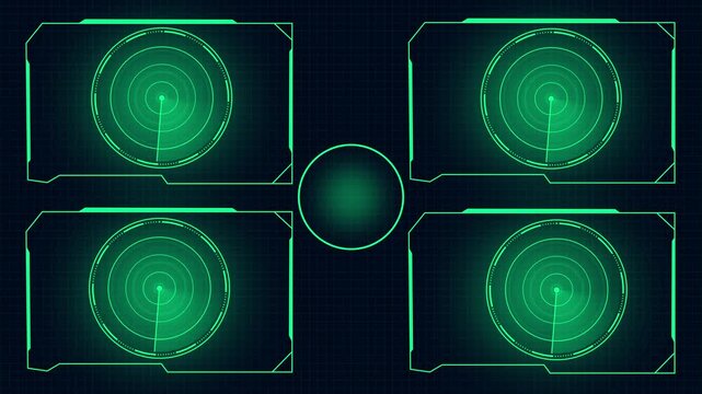 Four futuristic HUD interface frames with green radars. Technology panel symbol for aviation sonar tracking telemetry display. Digital HUD frame animation for cockpit instruments.
