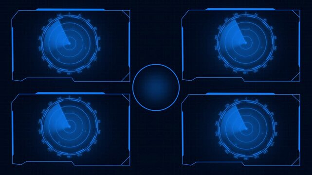 Four futuristic HUD interface frames with blue radars. Technology panel symbol for weather satellite tracking telemetry display. Digital HUD frame animation for cockpit instruments.