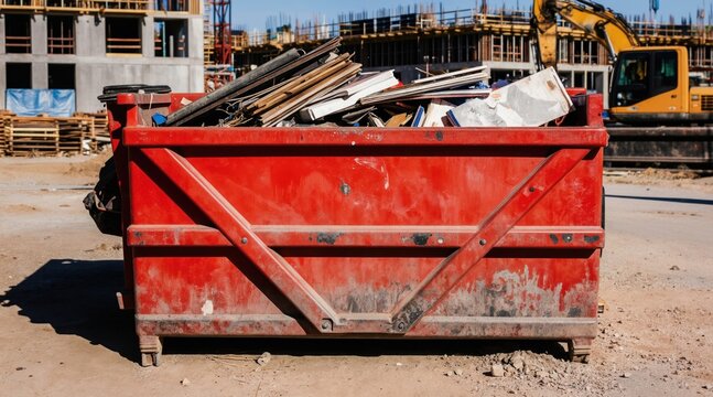 Red dumpster filled with debris sits at urban construction site. Building skeletons and yellow excavator behind. Messy trash overflow hints at big project progress.