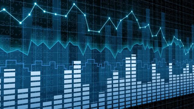Blue line chart stock exchange market showing financial investment growth, business economy, digital cyberspace, global revenue strategy, and virtual performance analysis concept