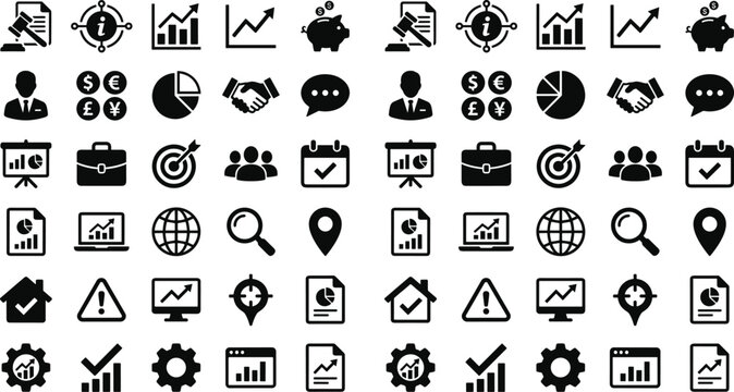 Comprehensive business and finance glyph icon set featuring marketing analytics statistics legal law banking management and corporate workflow symbols
