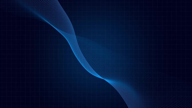 Blue neon wavy lines moving over tech grid. Abstract neon wave for high speed fiber internet presentation backdrop. Abstract neon wave animation for technology layout.