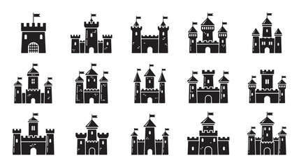 Castle building icon set with flags, turrets, gates and windows in flat black silhouette style for game UI and icons © TAIFUR