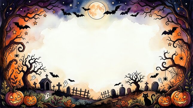 Watercolor Halloween border frame with pumpkins, bats, cemetery, full moon, and spooky trees, leaving white center space for text or design.