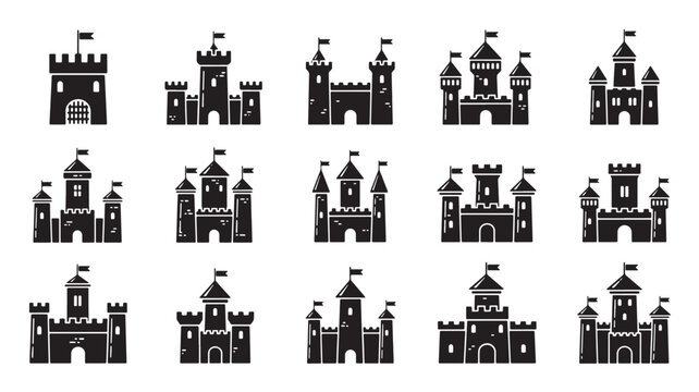 Castle building icon set with flags, turrets, gates and windows in flat black silhouette style for game UI and icons