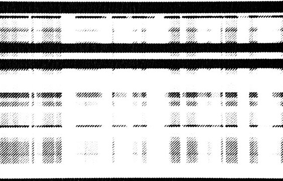 Macro halftone of a blocky building facade with rows of windows and dark floor bands, printed in black ink on a transparent background.