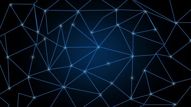 Blue network geometric structure on dark grid background. Connected lines background for biological neuroscience cloud computer web. Digital network pattern animation for science.