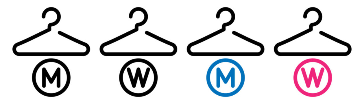 Locker room pictogram set with hanger icons and M W symbols for male and female areas. Dressing room, fitting room or cloakroom signage for retail stores, gyms, schools and public facilities. 
