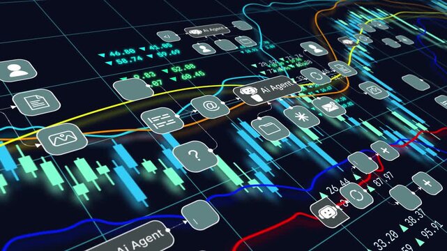AI agent artificial intelligence stock market analysis smart trading strategy, financial investment, business growth portfolio, and futuristic automated economic concept