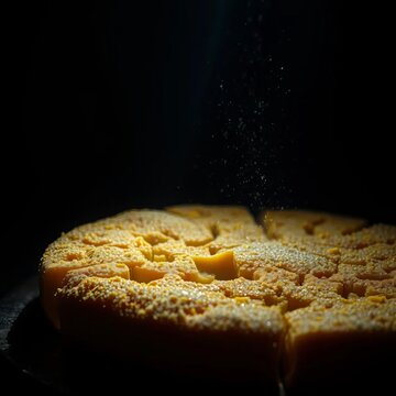 Umbral parmesan dust settles like stardust on a blistered, golden crust, a solitary beam piercing the gloom,  intense,  chiaroscuro