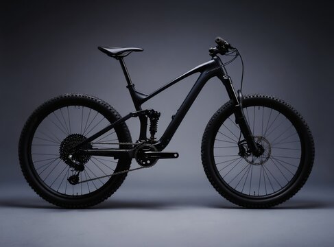 Modern full suspension black mountain bicycle stands on gray backdrop. Full frame shot details bike frame, tires, gears, shock absorber and wheel. Powerful vehicle for off road.