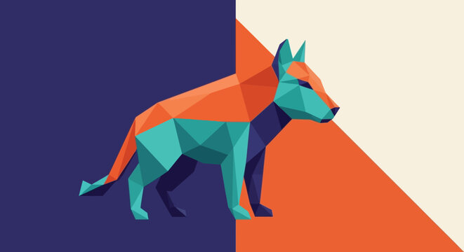Captivating low-poly wolf illustration, a vibrant geometric animal art piece crafted with multifaceted polygons and a striking split-color background, embodying modern digital design