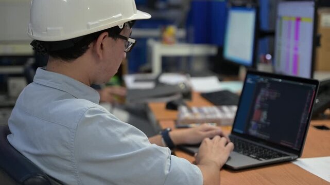 Asian male engineer wearing hardhat coding on laptop in industrial office. Professional technician developer working on software programming for manufacturing automation and factory system.