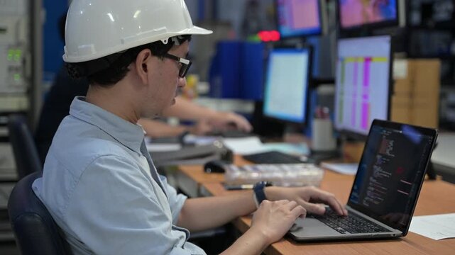 Asian male engineer wearing hardhat coding on laptop in industrial office. Professional technician developer working on software programming for manufacturing automation and factory system.
