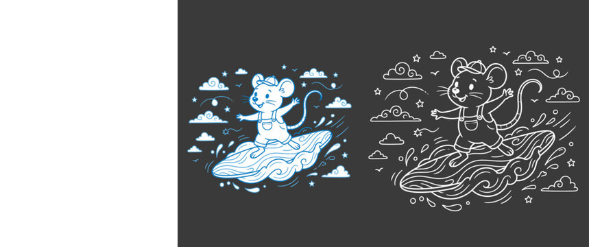 Cute cartoon mouse wearing overalls and a hat surfing on a wave with clouds and stars vector design