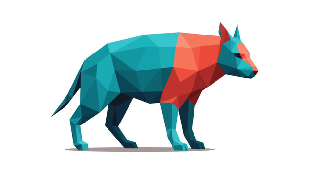 Low poly geometric wolf illustration in vibrant blue and red, depicting a stylized canine form