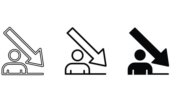 Three distinct styles of minimalist icons depicting a person positioned beneath a large downward trending arrow representing economic loss decline