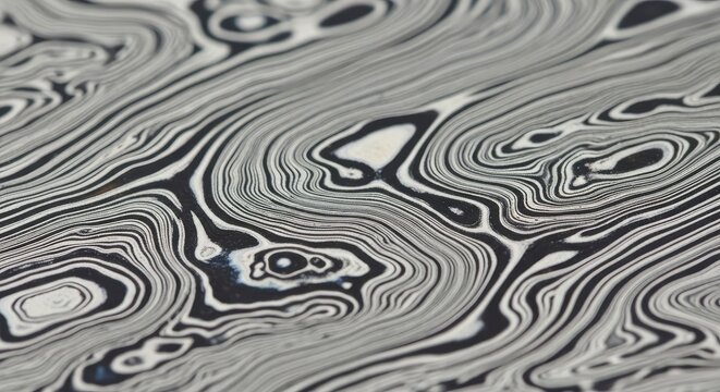 Macro Close-up of Damascus Steel Pattern with Intricate Black and White Wavy Lines and Organic Swirling Textures