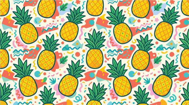 Vibrant pineapple pattern with colorful geometric shapes and illustrations on a white background