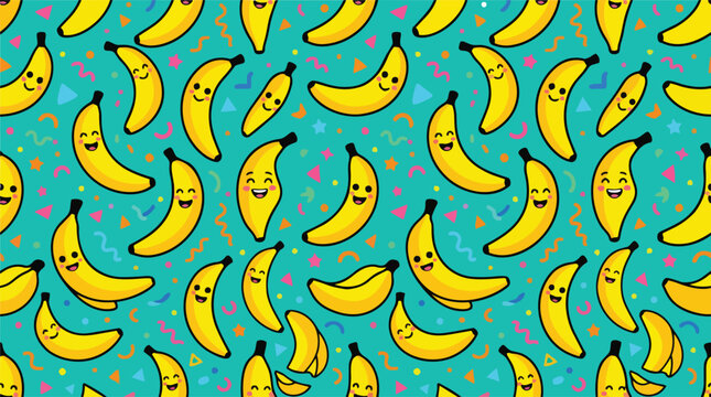 Smiling bananas fill the screen with happy faces on a teal background