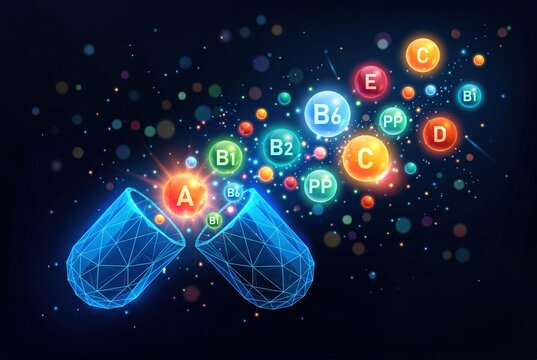 Glowing digital vitamin capsule exploding with essential nutrient elements