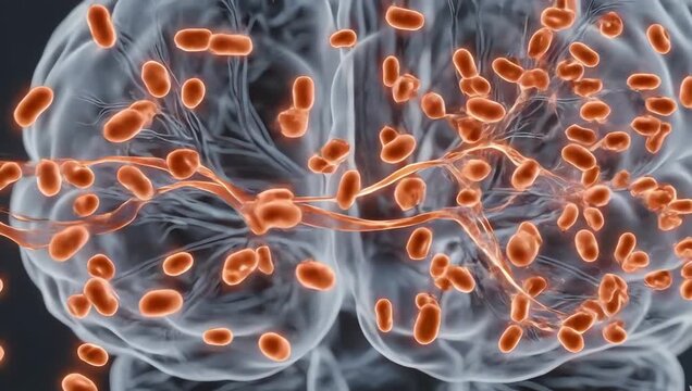 Cortisol molecules flooding through a transparent brain environment, glowing stress hormones moving in smooth fluid motion