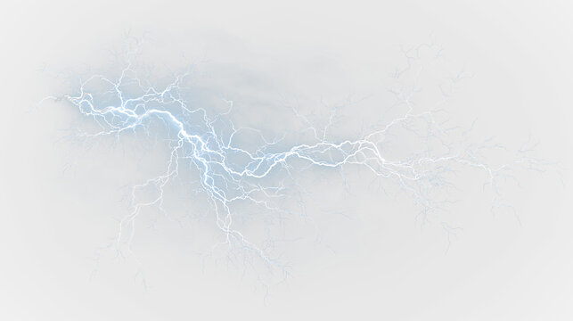 Blue and white lightning bolt strikes through dark clouds during a storm, light overlay, PNG
