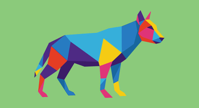 Captivating abstract wolf illustration crafted from vibrant geometric polygons, a modern digital art piece showcasing dynamic color blocks and a stylized animal form
