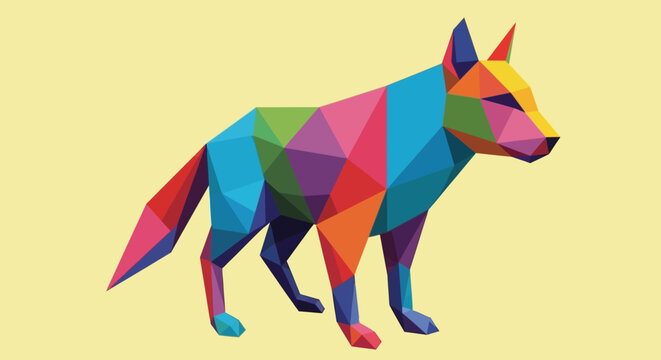 Vibrant low poly fox illustration with a spectrum of colors and intricate geometric shapes, depicting a stylized wild animal artwork on a minimalist background, perfect for modern design projects