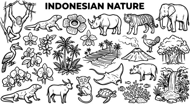 Indonesian Nature Black and White Line Art Collection. Outline Drawing of Wildlife, Tropical Animals, Plants, and Landscapes for Travel and Culture Design.