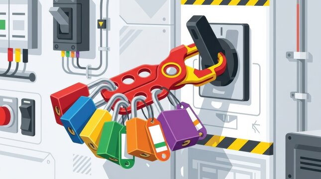 A multi lock hasp holds several padlocks on an electrical control panel to ensure safety and security during maintenance activities.