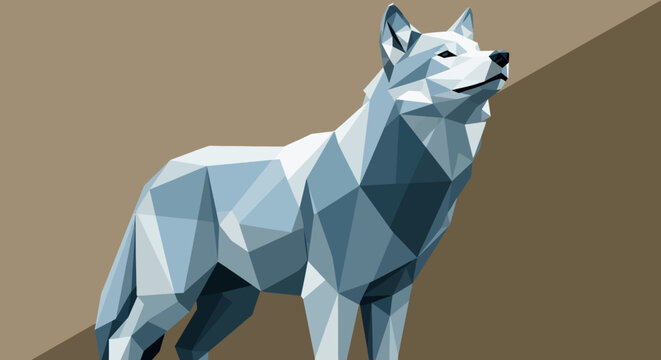 Geometric low poly vector illustration of a majestic white wolf standing proudly, showcasing intricate facets and artistic polygonal design, symbolizing wild beauty