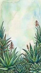 Obraz premium Watercolor succulent and aloe vera garden border with soft green background, copy space for text, great for cards, posters, and nature designs.