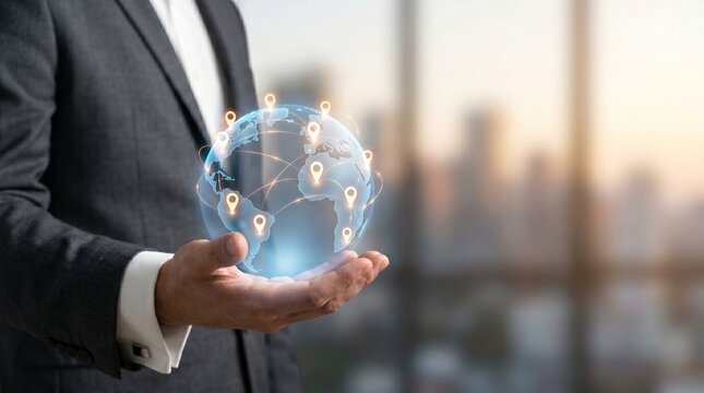 Businessman holding glowing digital globe with location pin map pointers. Global logistics network, international corporate trade, global business expansion and connectivity.