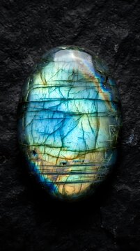 Polished labradorite gemstone displaying vibrant blue and green iridescent flashes on dark textured surface for jewelry and crystal healing applications.