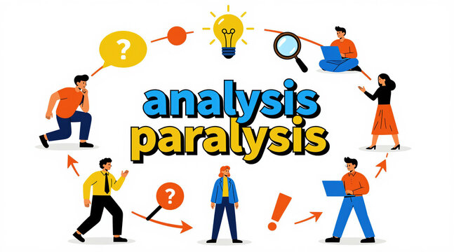 People show confusion and indecision around the words analysis paralysis. Overthinking leads to a mental block and lack of progress or achievement. They search for answers and solutions.