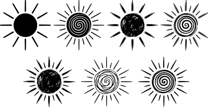 Hand drawn sun vector illustration set with spiral and scribble textures for summer designs and boho decorative patterns