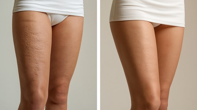 A cellulite treatment before and after split showing pronounced orange peel skin dimpling on the left and a dramatically smoother firmer surface on the right.