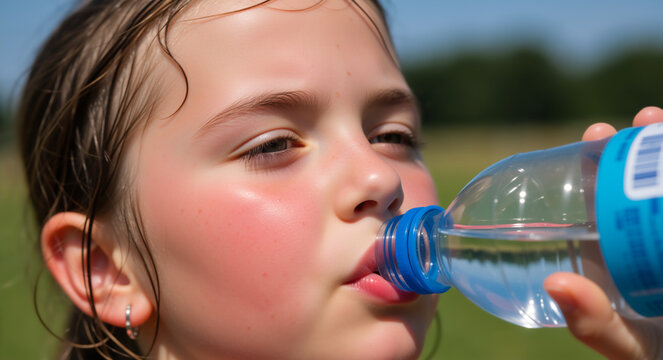 Young girl with flushed cheeks drinking water from a plastic bottle. Child hydrating during hot summer heatwave