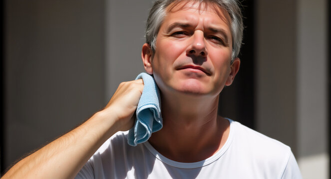 Middle aged man wiping sweat with a towel. Person cooling down after exercise