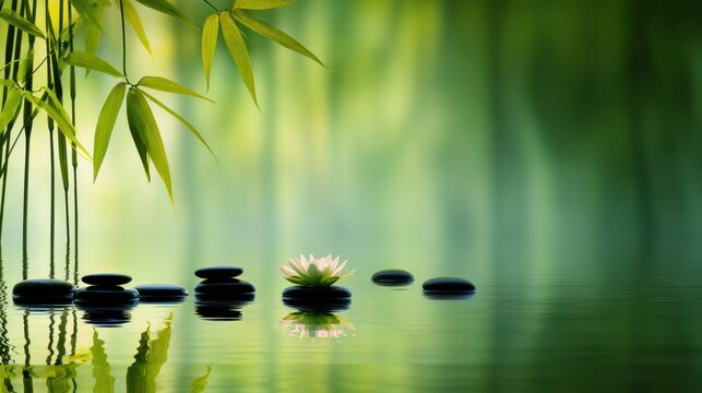 A serene scene featuring bamboo, water lilies, and smooth stones reflecting on calm water
