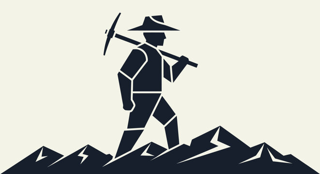 Minimalist silhouette illustration of a prospector miner walking on mountain peaks.