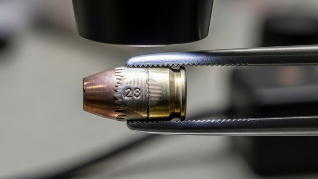 A bullet being examined under a microscope in a ballistics lab.