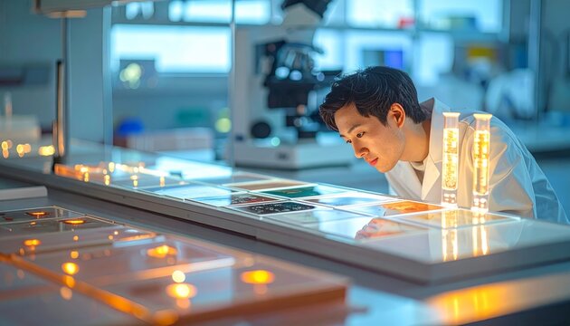 Scientist examines microscope slides in bright laboratory