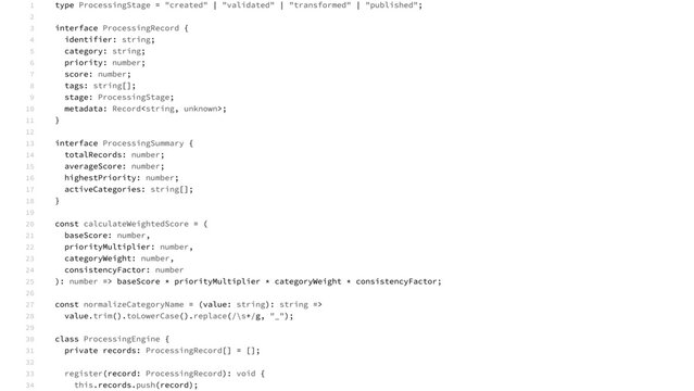 Typescript code lines on digital screen. Programming script with interface and function definitions. Software engineering, web development and backend programming syntax conceptual background.