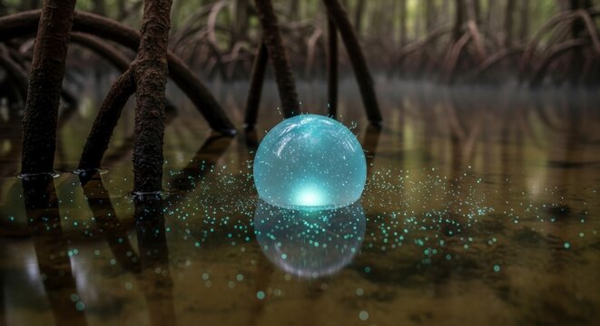 Uma esfera brilhante flutua sobre a &aacute;gua em um manguezal, exibindo reflexos detalhados.