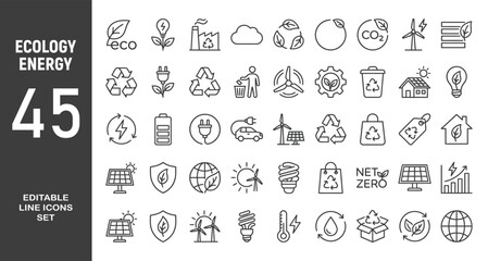 Ecology and Energy web icons in line style. Nature green, electric car, organic, renewable energy, green technology, environmental energy collection. Editable stroke. Vector illustration. © Minara